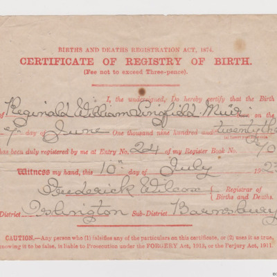 Certificate of registry of birth for Reginald William Lingfield Muir